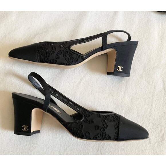 Authentic New CHANEL Interlocking LACE black Slingback Pumps heels SZ36 US5.5 - Picture 4 of 8